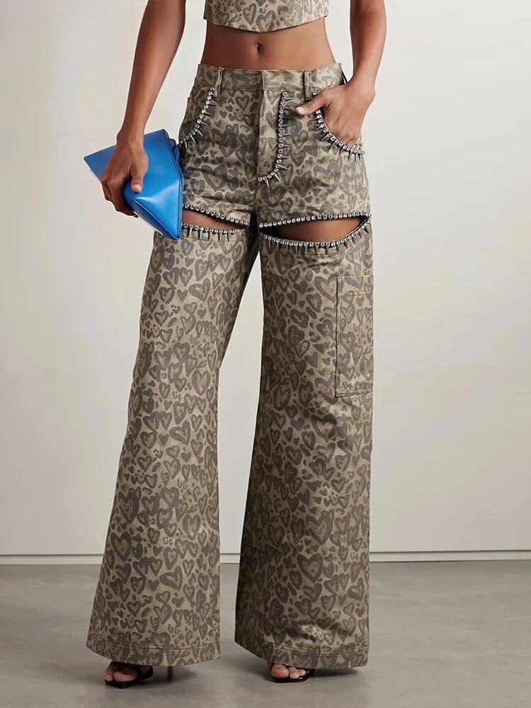 Baddie Leopard Embellished Cut Out Pants