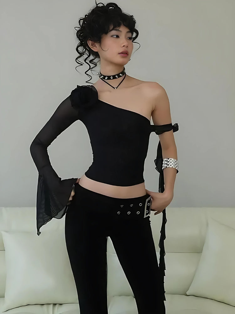 Baddie Rose One Shoulder Mesh Top