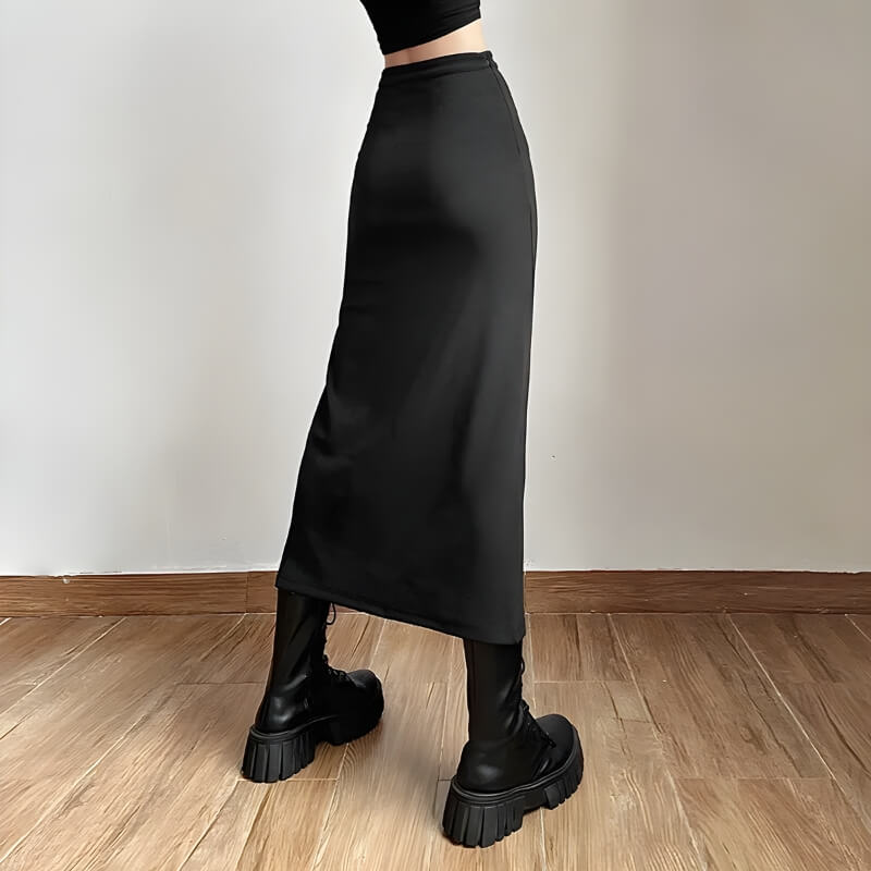 Dark Academia High Split Midi Skirt