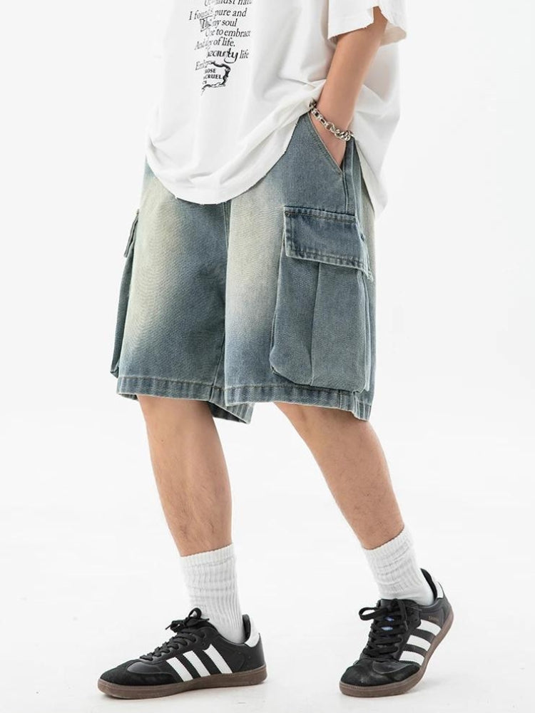 Denim Drawstring Wide Leg Cargo Shorts