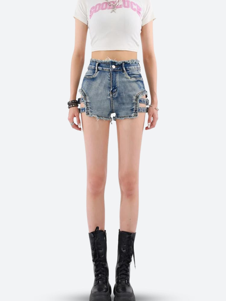 Distressed Cut Out Denim Shorts