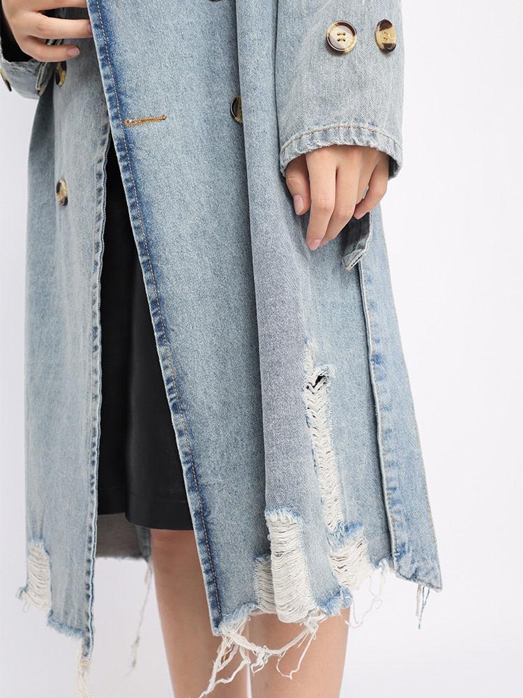 Distressed Denim Trench Coat