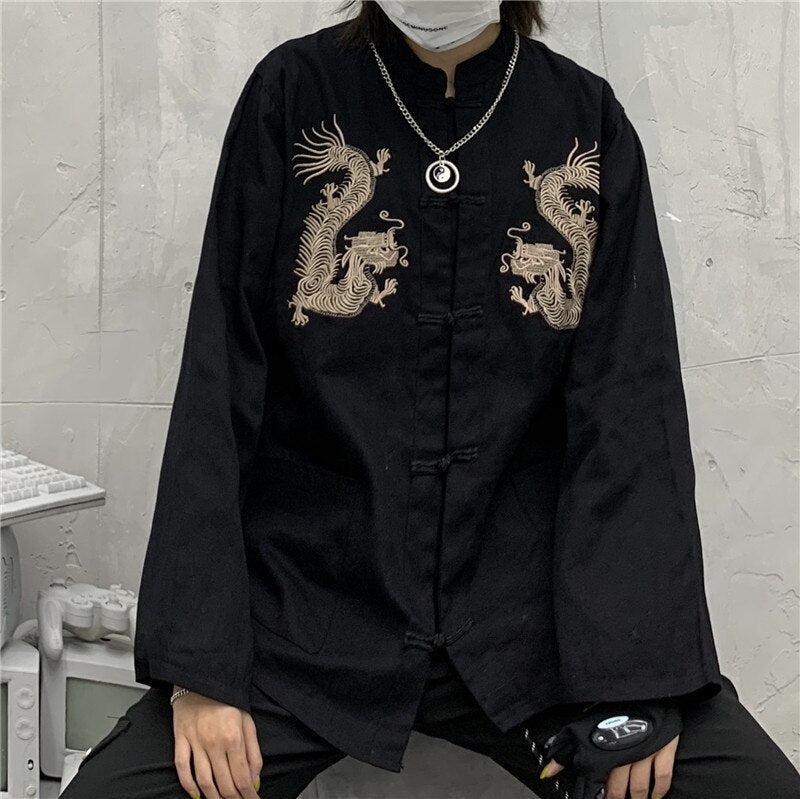 Dragon Embroidery Mandarin Collar Shirt