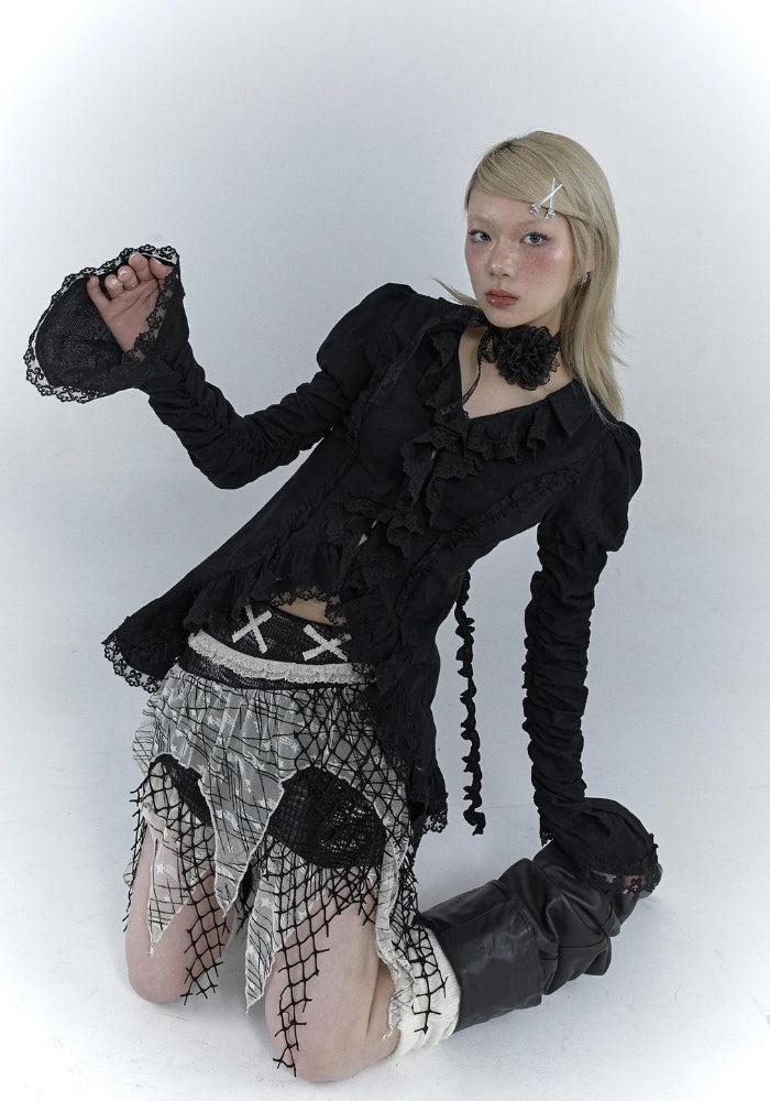 Goth Asymmetric Ruched Sleeve Shirt