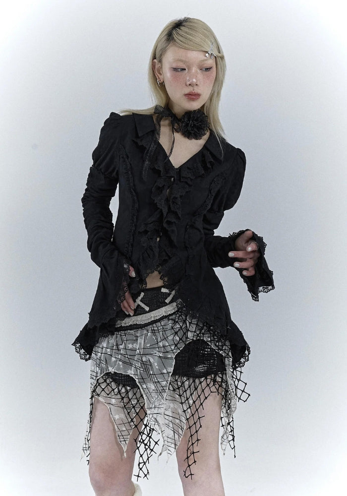 Goth Asymmetric Ruched Sleeve Shirt