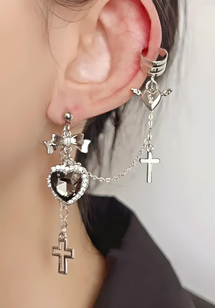 Goth Heart Cross Chain Earrings