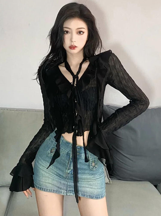 Goth Sheer Ruffled Crop Top