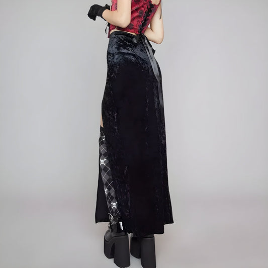 Goth Velvet High Split Midi Skirt