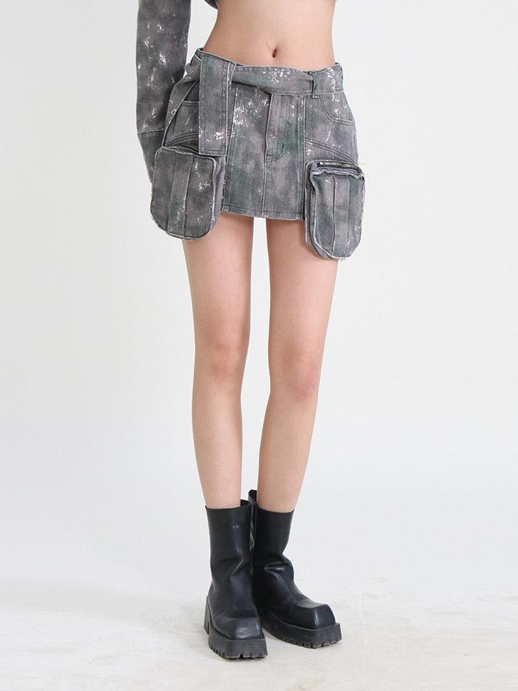 Grunge Distressed Cargo Denim Mini Skirt