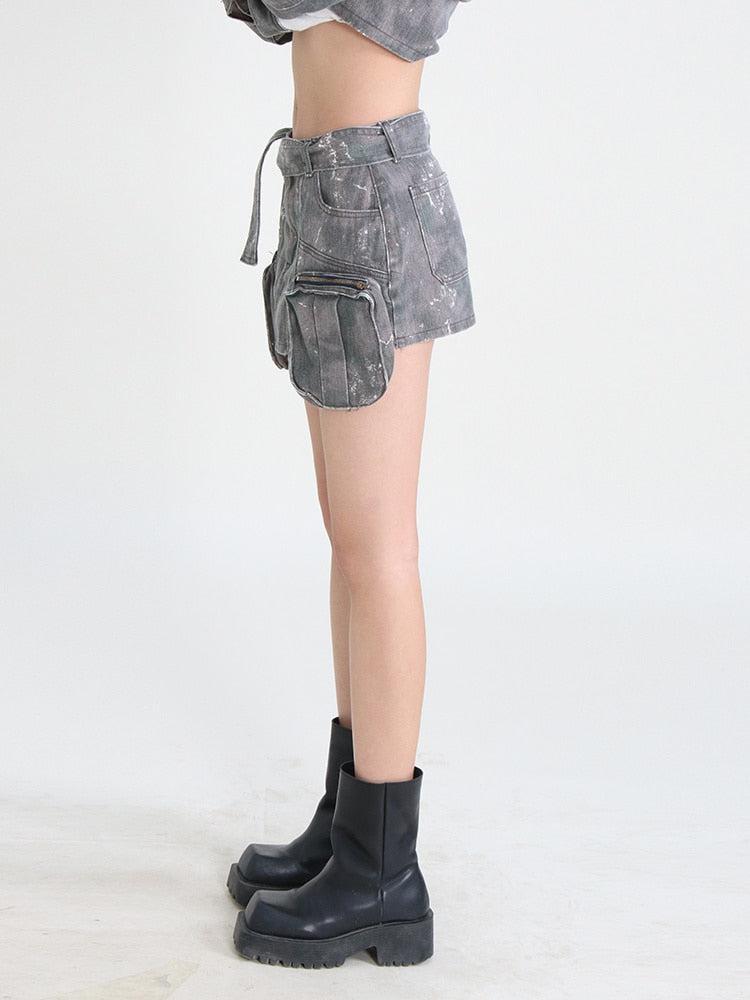 Grunge Distressed Cargo Denim Mini Skirt