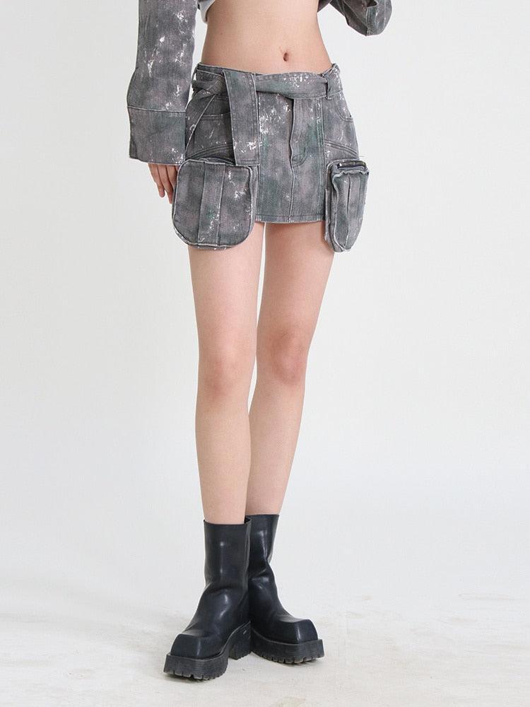 Grunge Distressed Cargo Denim Mini Skirt