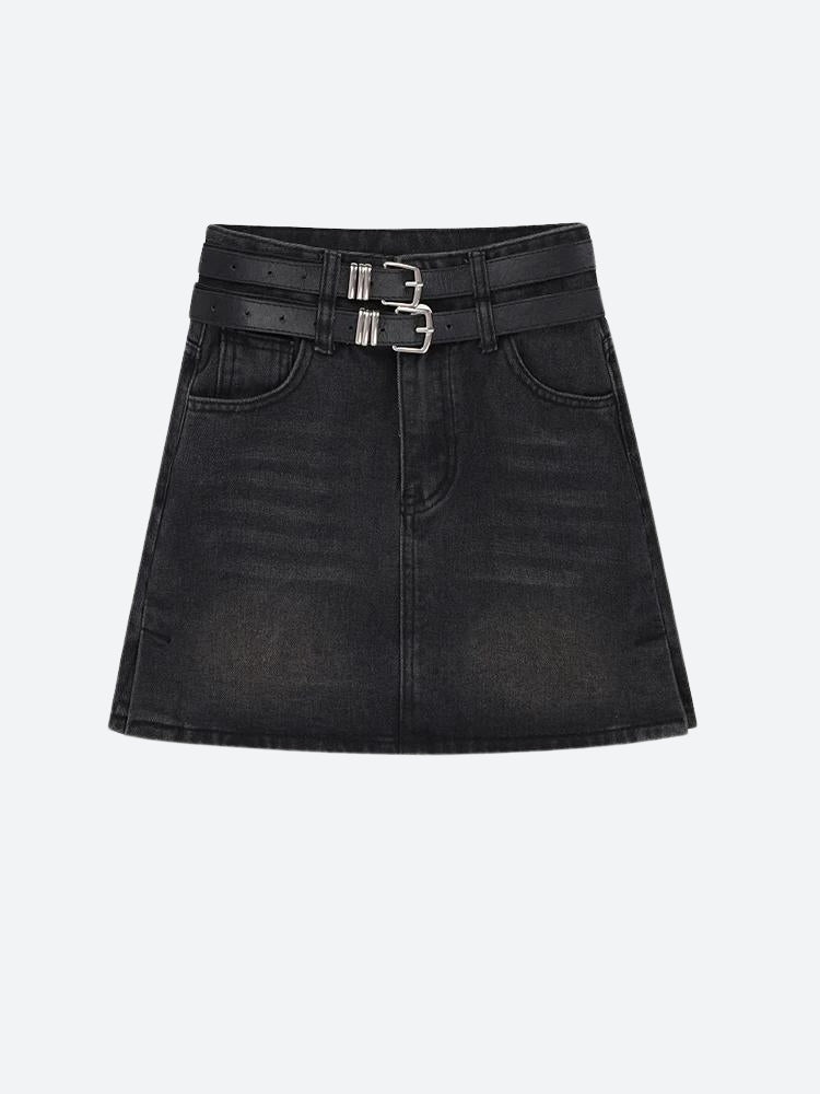 Grunge Double Belt Loop Denim Mini Skirt