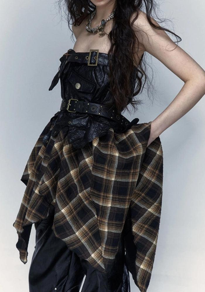 Grunge Faux Leather Plaid Midi Skirt