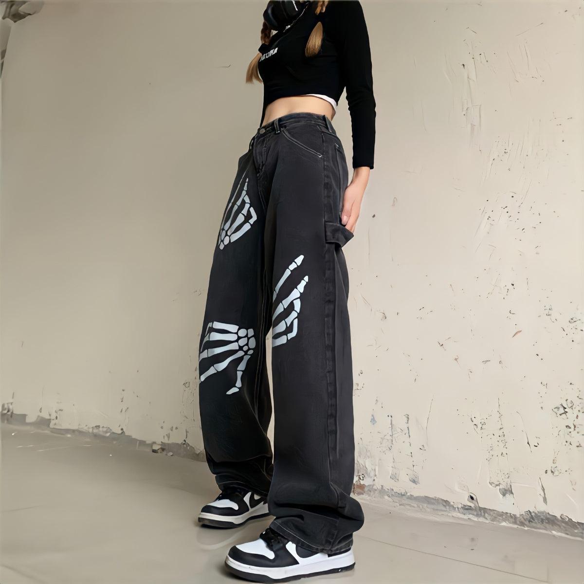 Grunge Skeleton Hand Printed Jeans