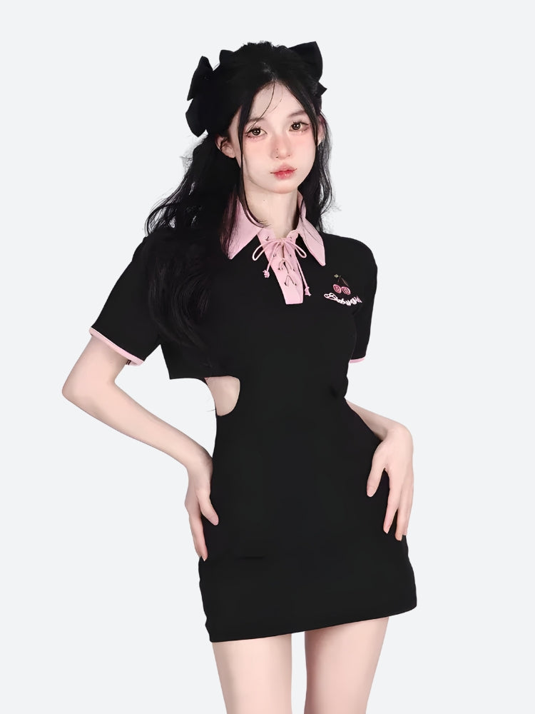 Kawaii Cherry Cut Out Mini Polo Dress