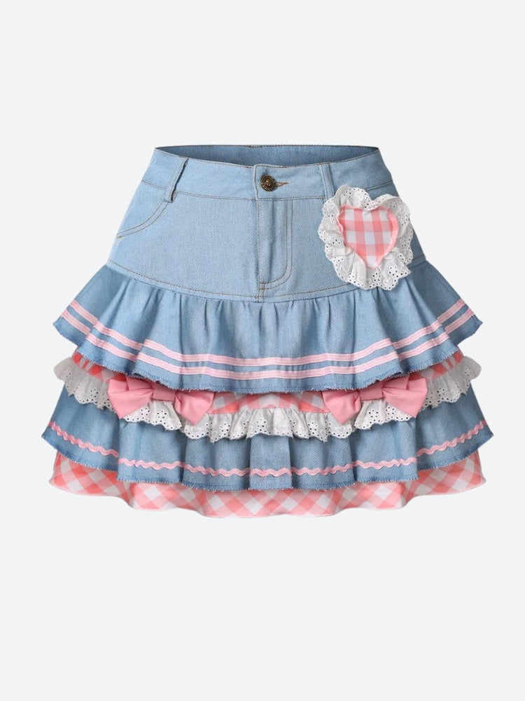 Kawaii Layered Denim Mini Skirt