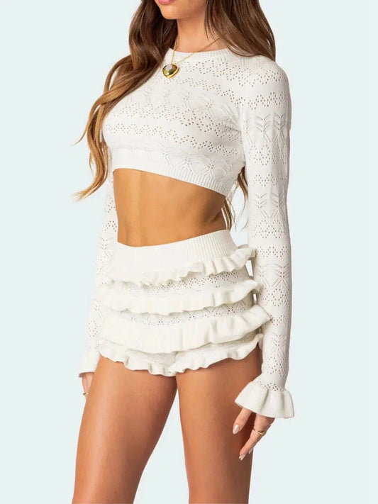 Knitted Crop Top & Ruffled Shorts Two Piece Set