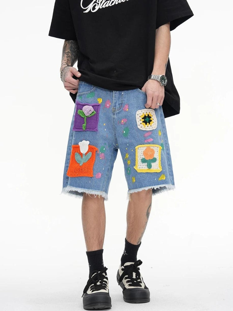 Knitted Flower Patch Denim Shorts