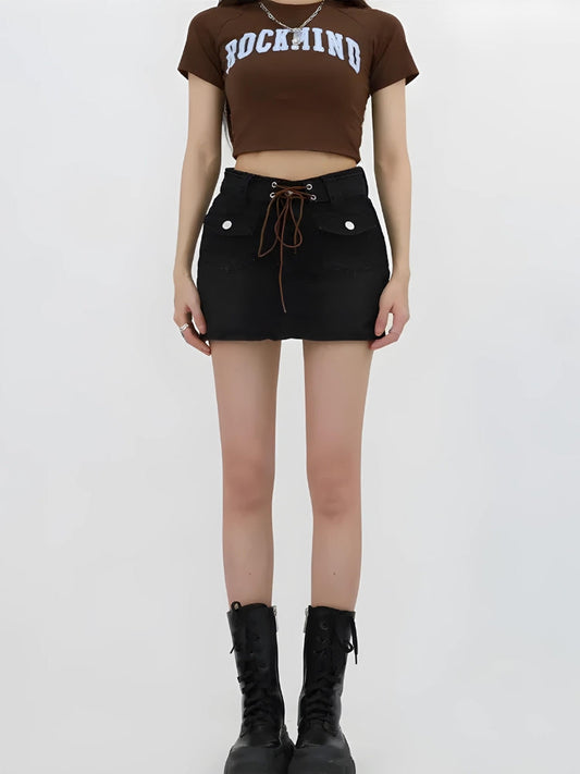 Lace Up Belted Denim Mini Skort