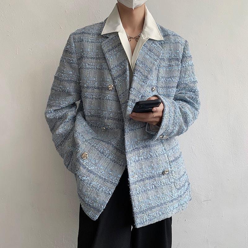 Lapel Collar Blue Tweed Blazer