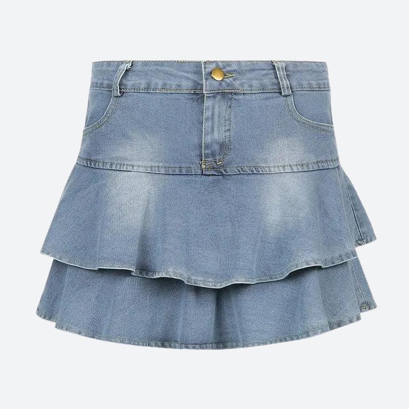 Layered Ruffled Denim Mini Skirt