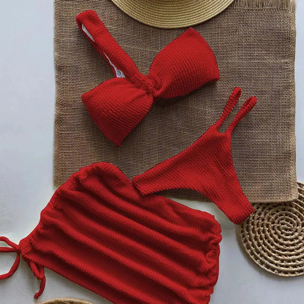 One Shoulder Cut Out Three Piece Bikini Set