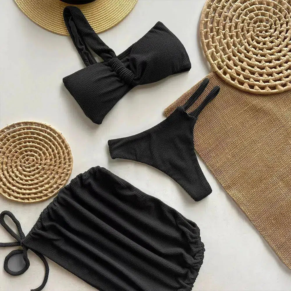 One Shoulder Cut Out Three Piece Bikini Set