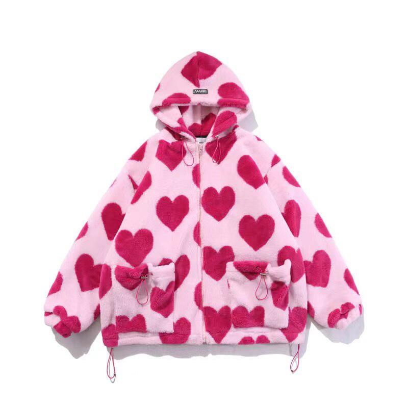 Pink Heart Pattern Hooded Jacket