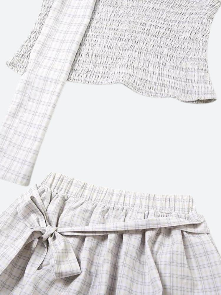 Plaid Ruched Top & Balloon Mini Skirt Two Piece Set