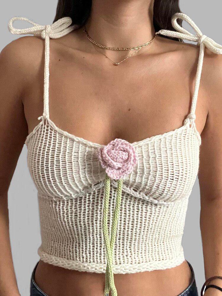 Rose Detailed Knitted Crop Top