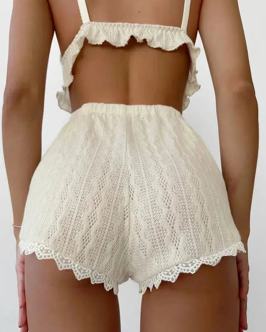 Ruffled Crop Top & Lace Trim Shorts Two Piece Set