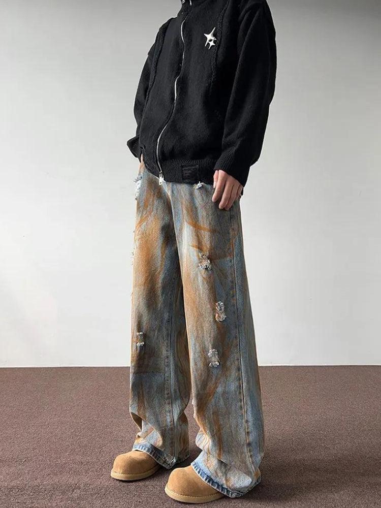 Rusty Pattern Wide Leg Denim Jeans