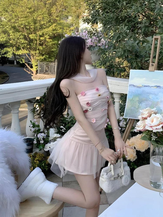 Soft Girl Flower Tube Top & Tulle Mini Skirt Two Piece Set