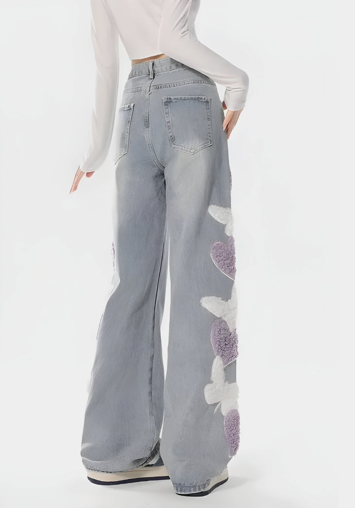 Soft Girl Fluffy Heart Butterfly Jeans