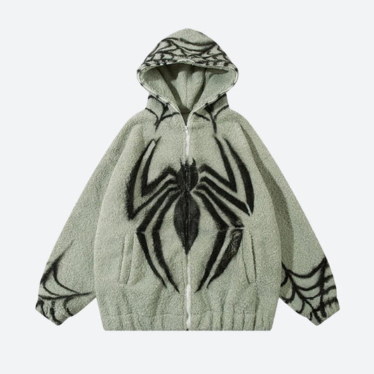 Spider Full Zip-Up Teddy Hoodie Jacket