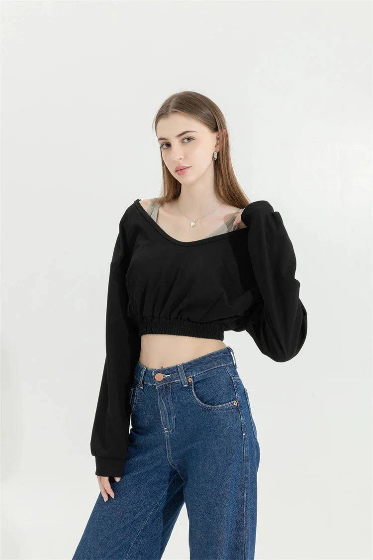 Strap Detailed Wide Neck Crop Sweatshirt