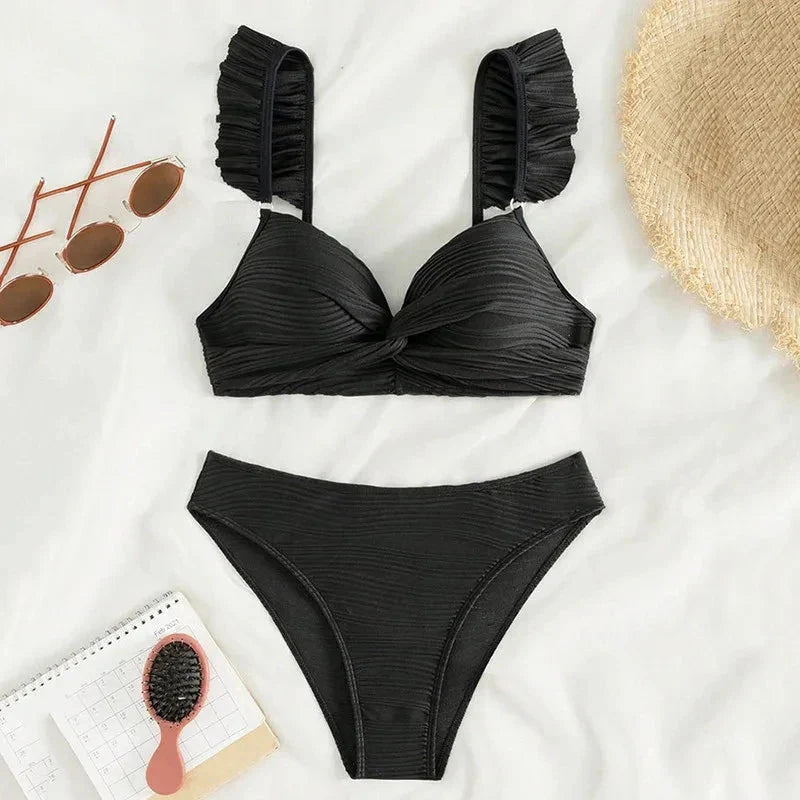 Twisted Bust Ruffled Straps Bikini Set