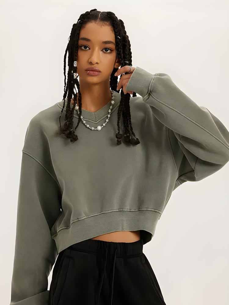 V-Neck Drop Shoulder Cropped Sweatshirt