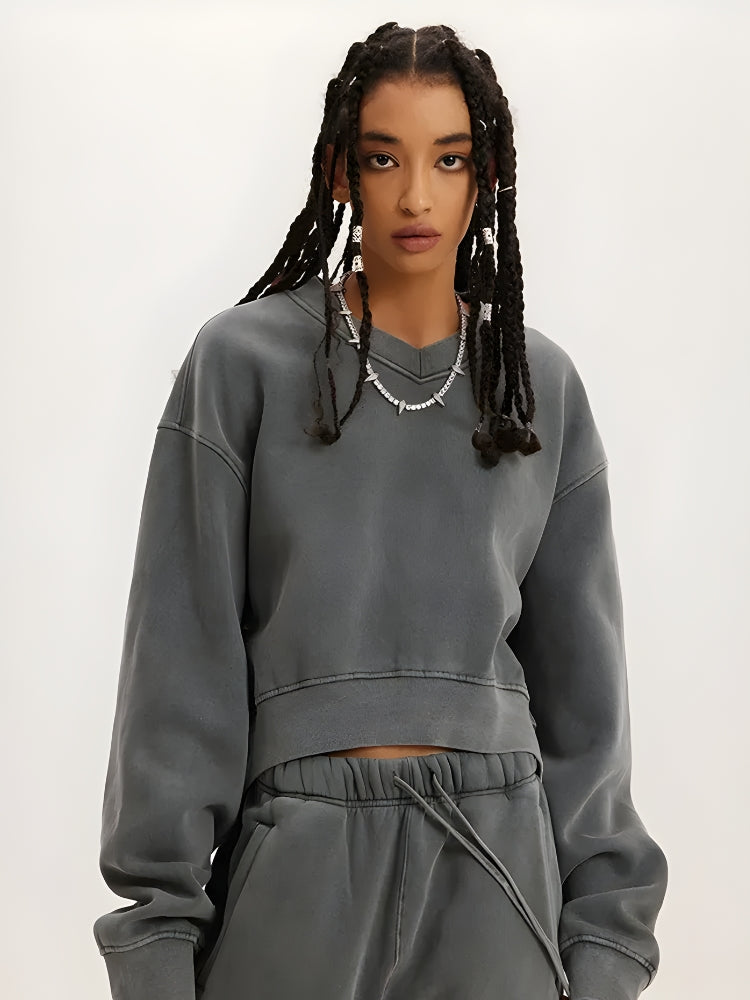 V-Neck Drop Shoulder Cropped Sweatshirt