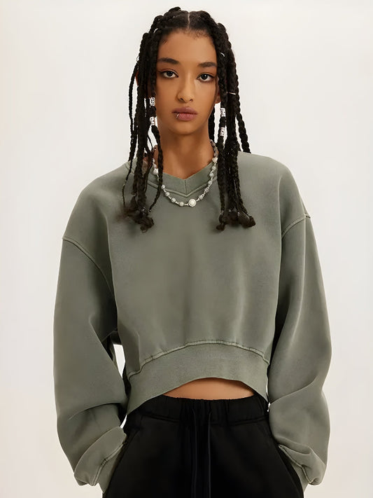 V-Neck Drop Shoulder Cropped Sweatshirt