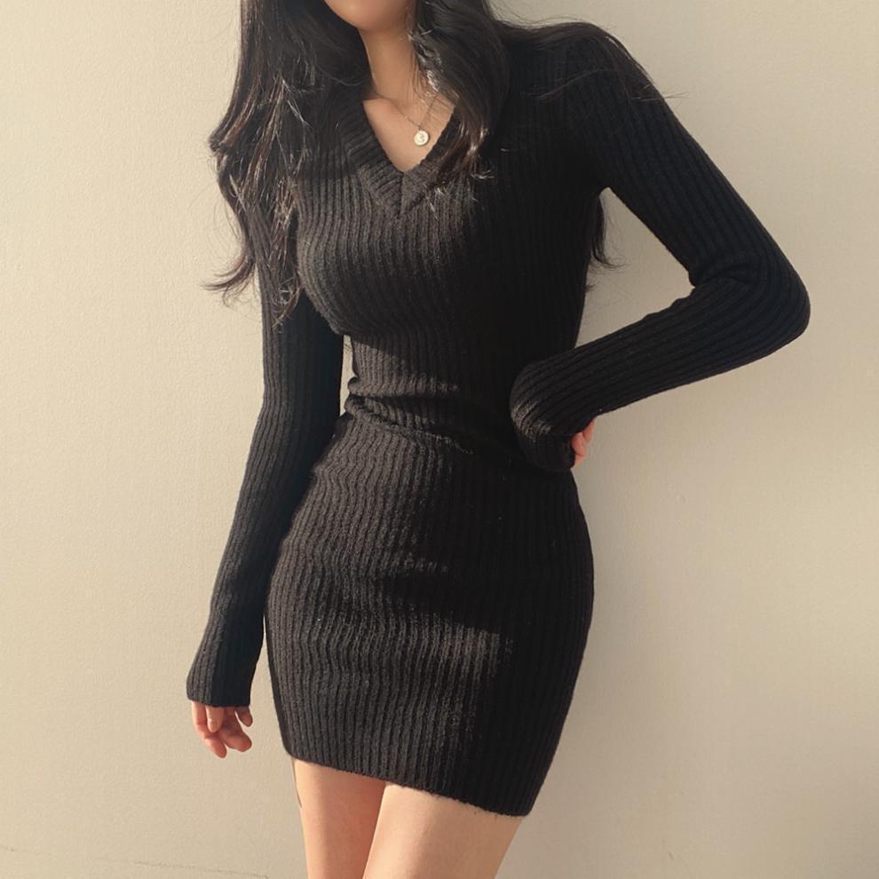 V-neck Knitted Mini Dress