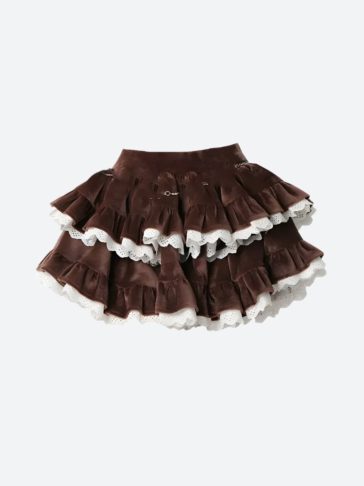 Velvet Ruffle Layered Mini Skirt