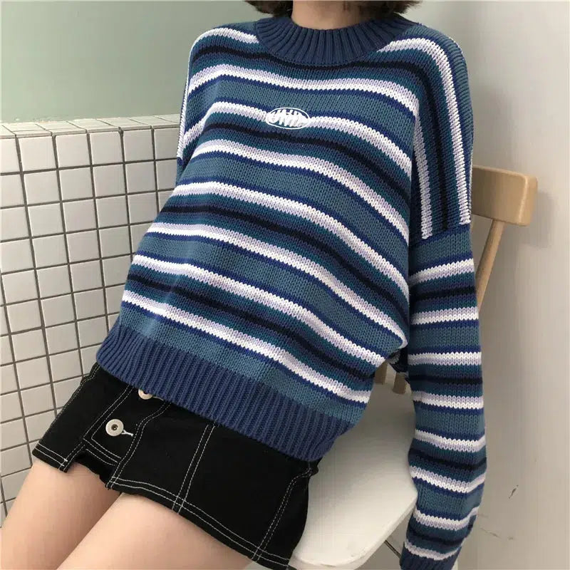 Wide Sleeved Striped Knitted Sweater