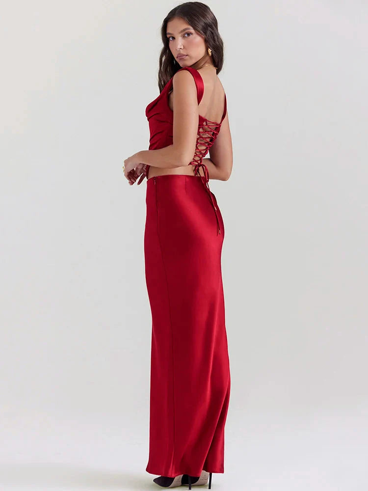 Wine Satin Corset Top & Maxi Skirt Two Piece Set