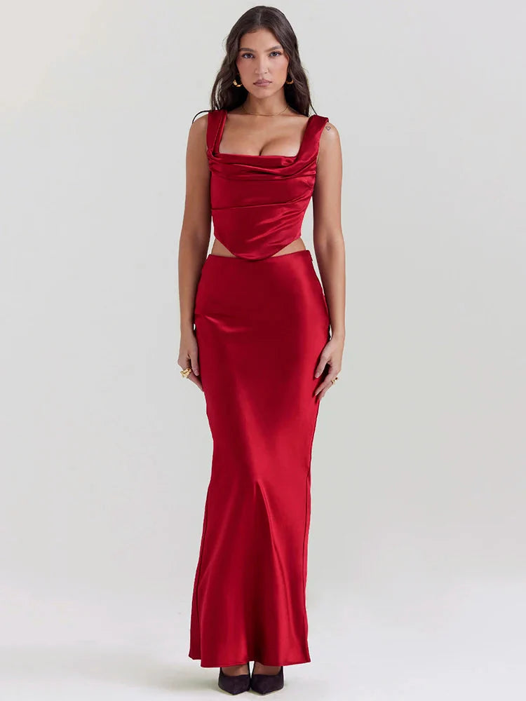 Wine Satin Corset Top & Maxi Skirt Two Piece Set