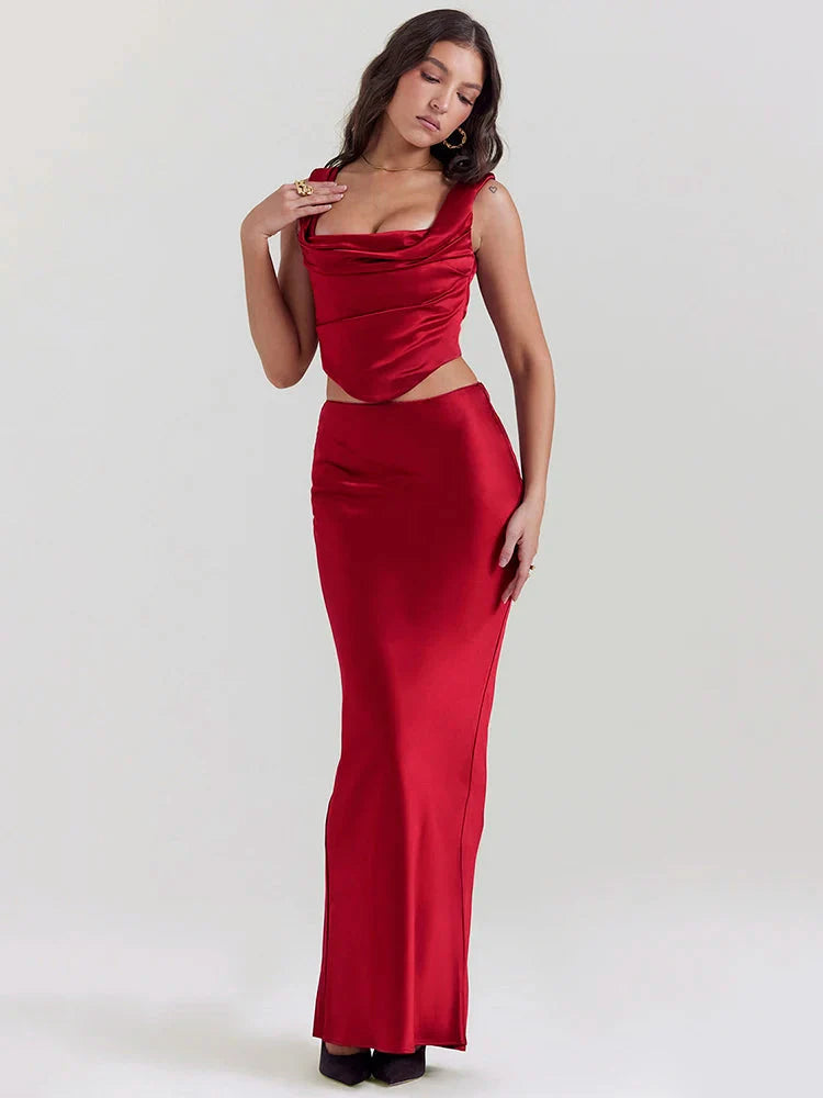 Wine Satin Corset Top & Maxi Skirt Two Piece Set