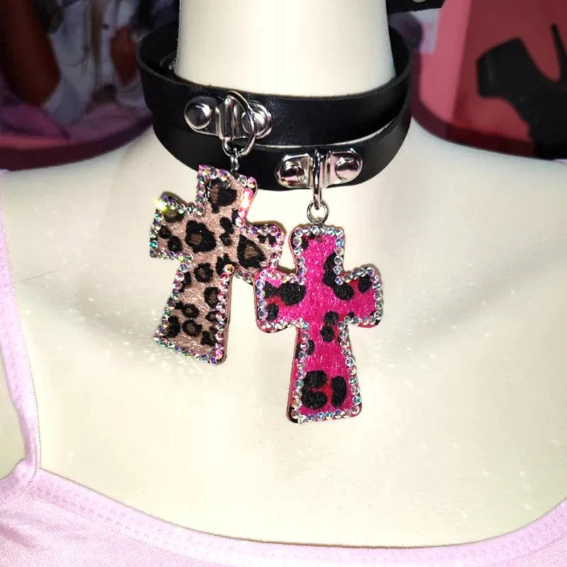 Y2K Leopard Cross Choker Necklace