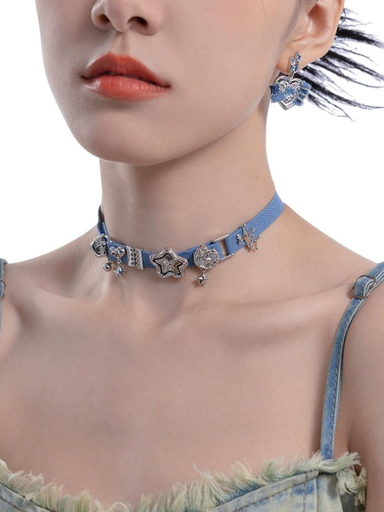 Y2K Sparkle Denim Choker Necklace