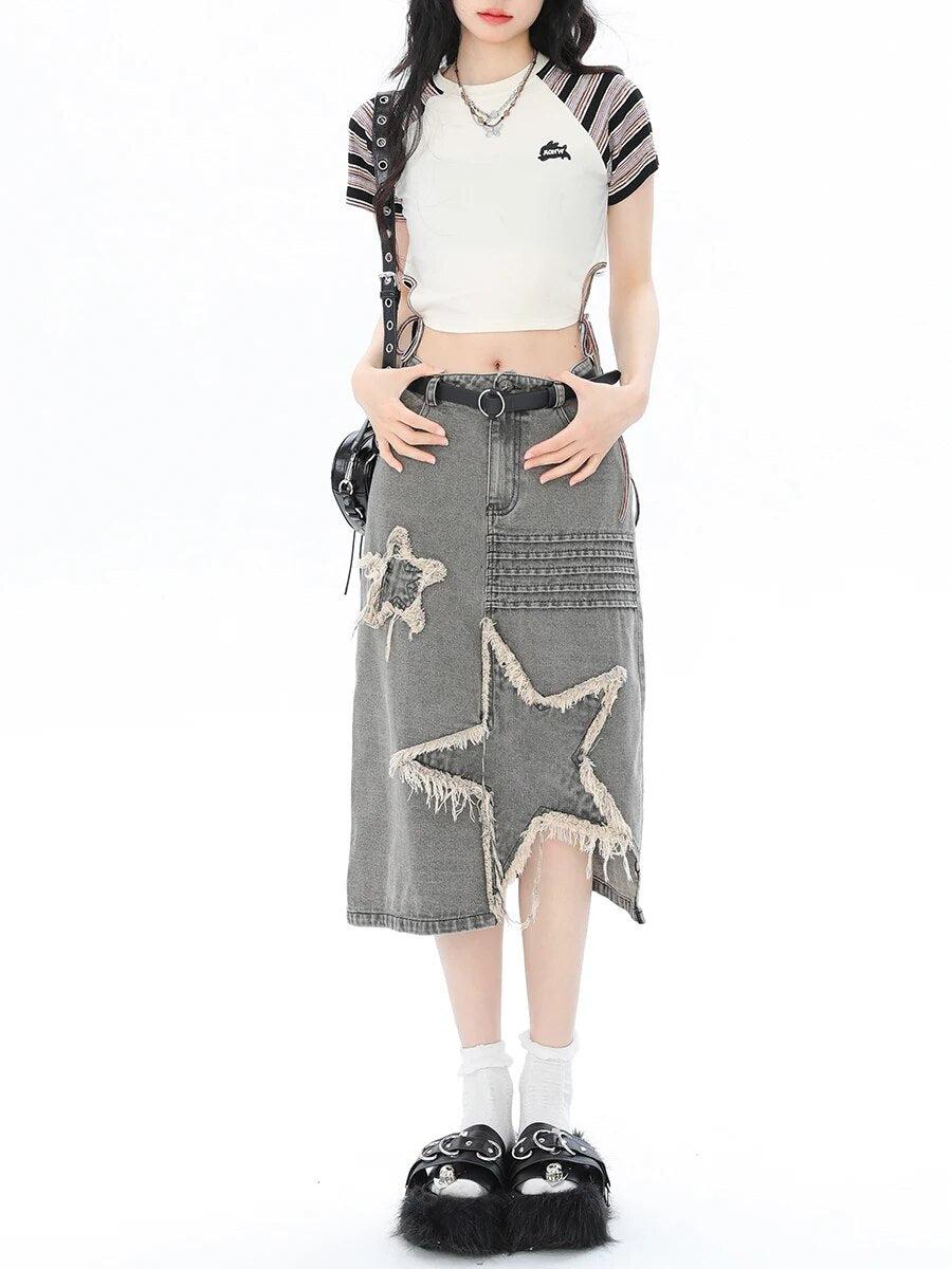 Y2K Star Patchwork Midi Skirt