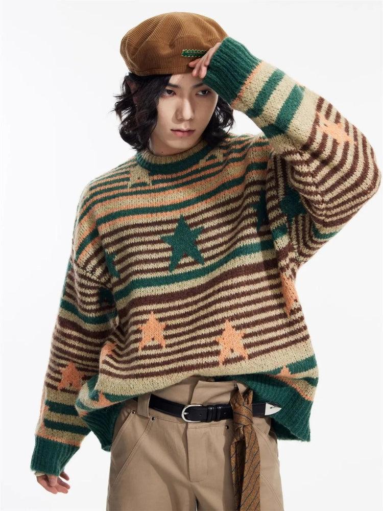 Y2K Vintage Stars Striped Knitted Sweater